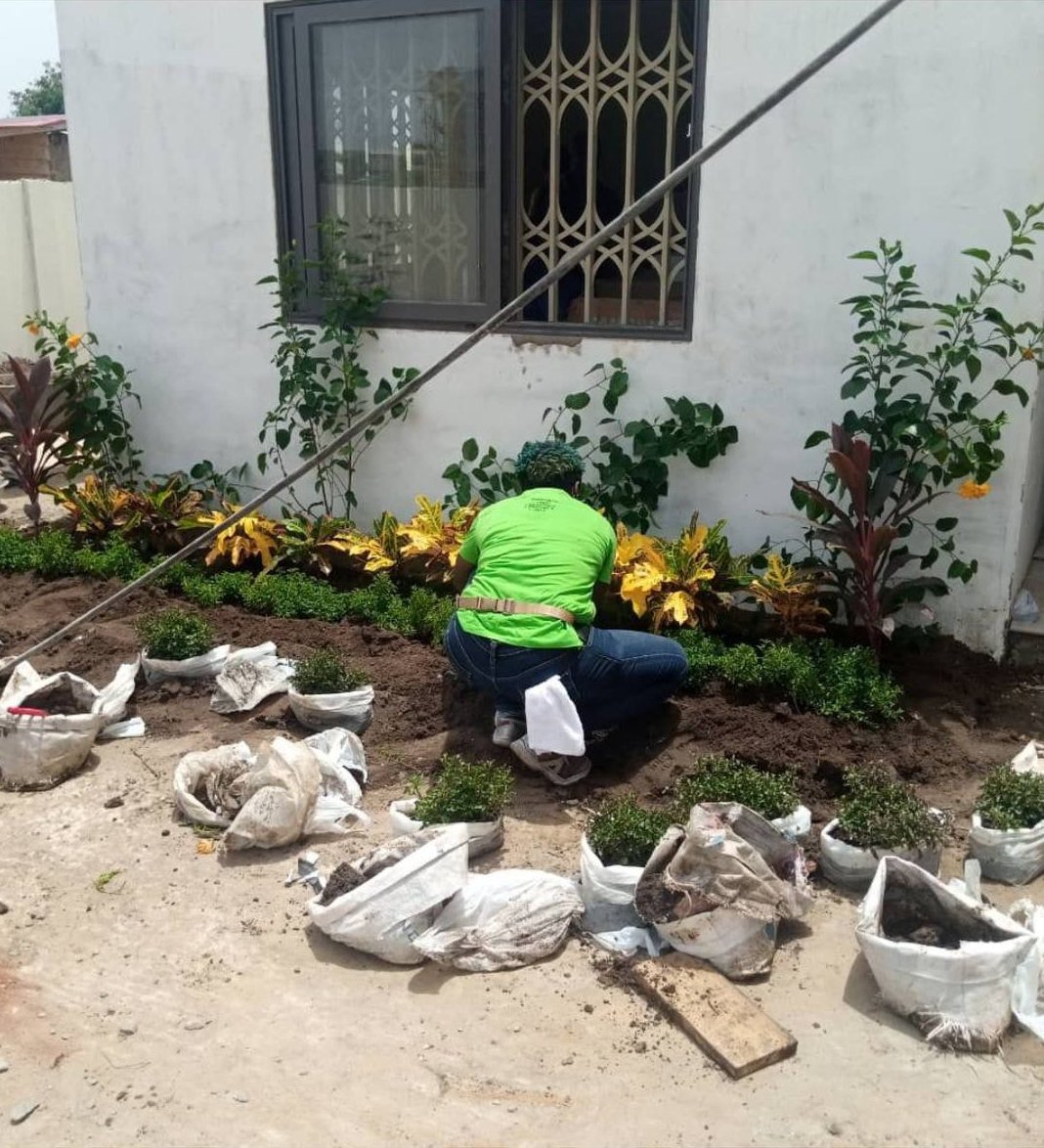 Hilda planting a new bed beneath a window